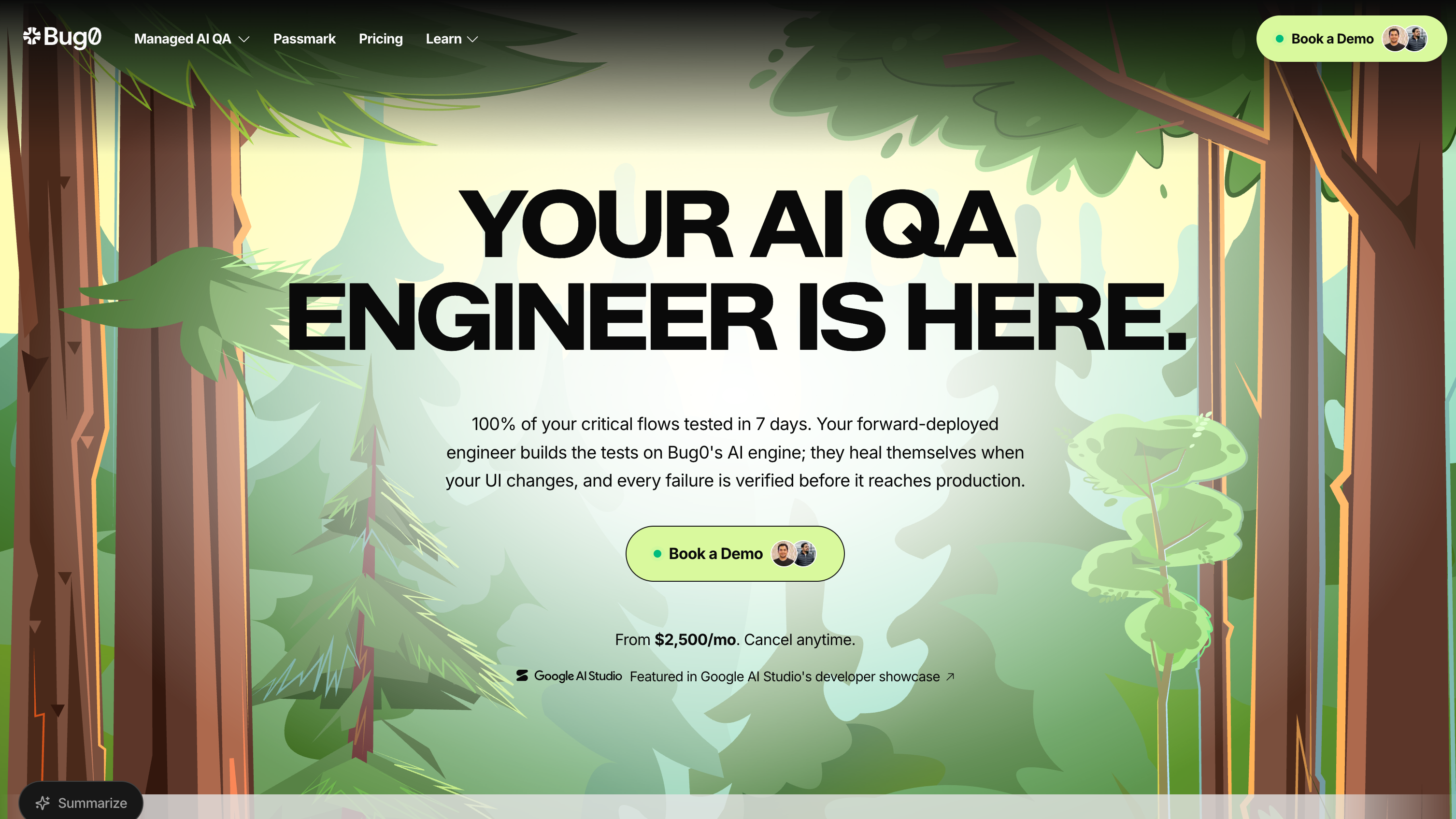 Bug0 homepage: an AI QA engineer that builds and heals tests for your critical flows