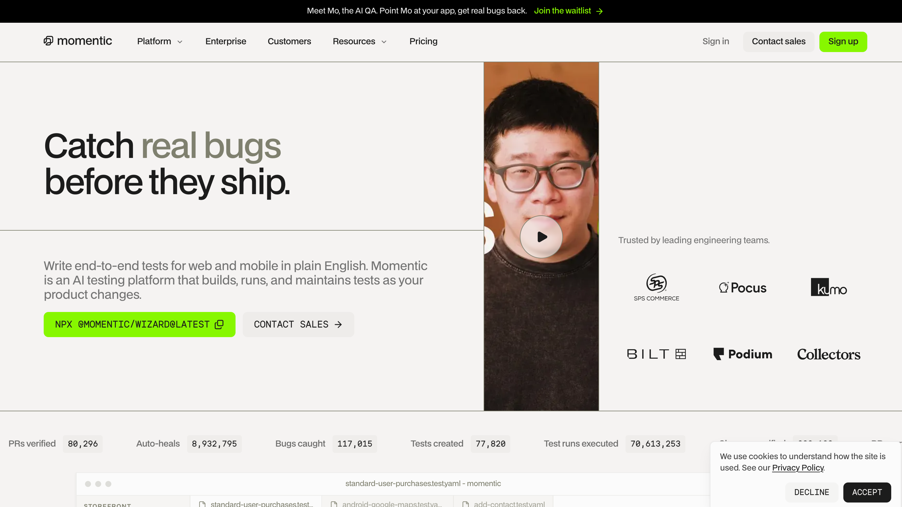 Momentic homepage: catch real bugs before they ship with AI end-to-end tests in plain English