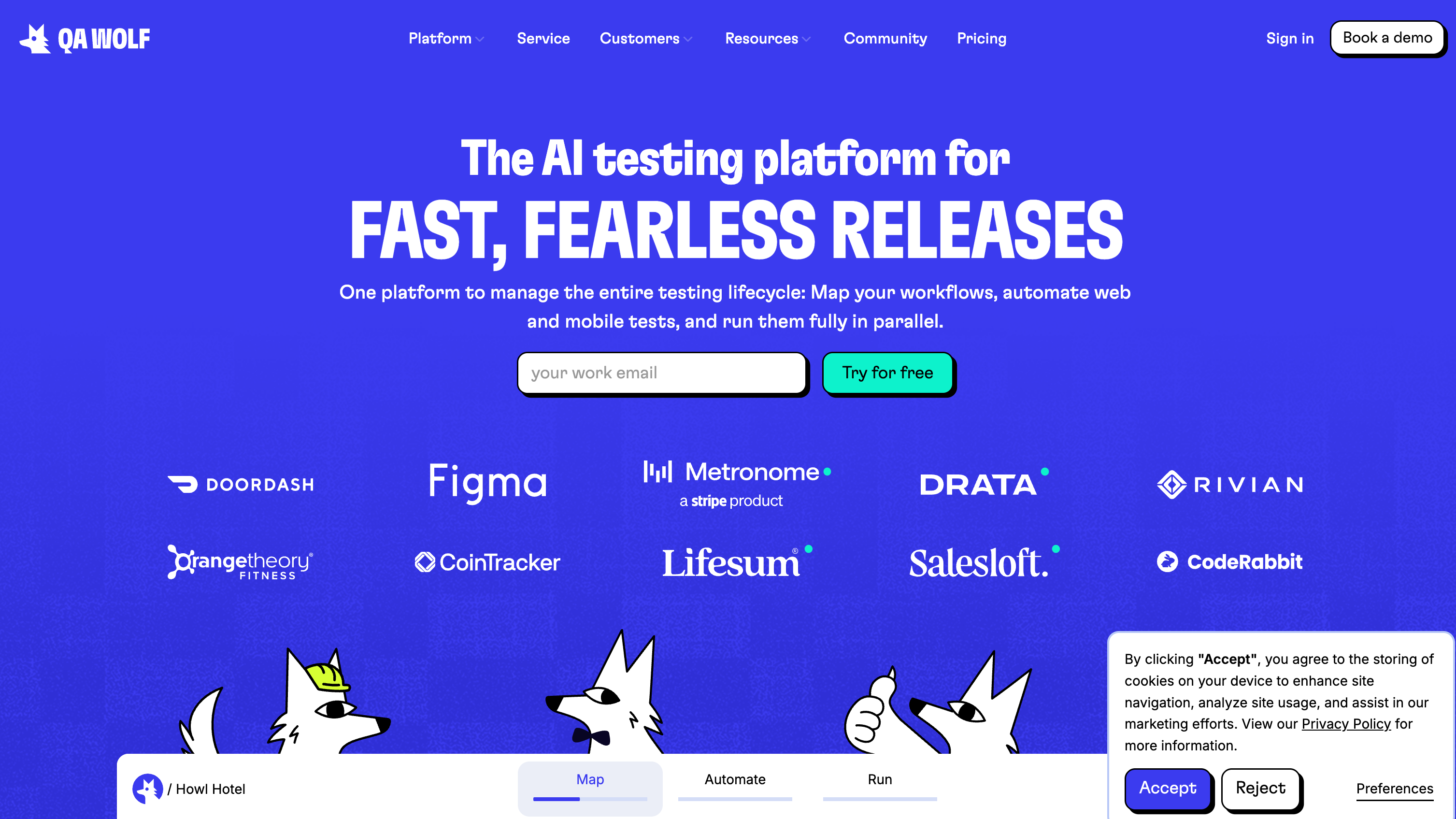 QA Wolf homepage headline: the AI testing platform for fast, fearless releases