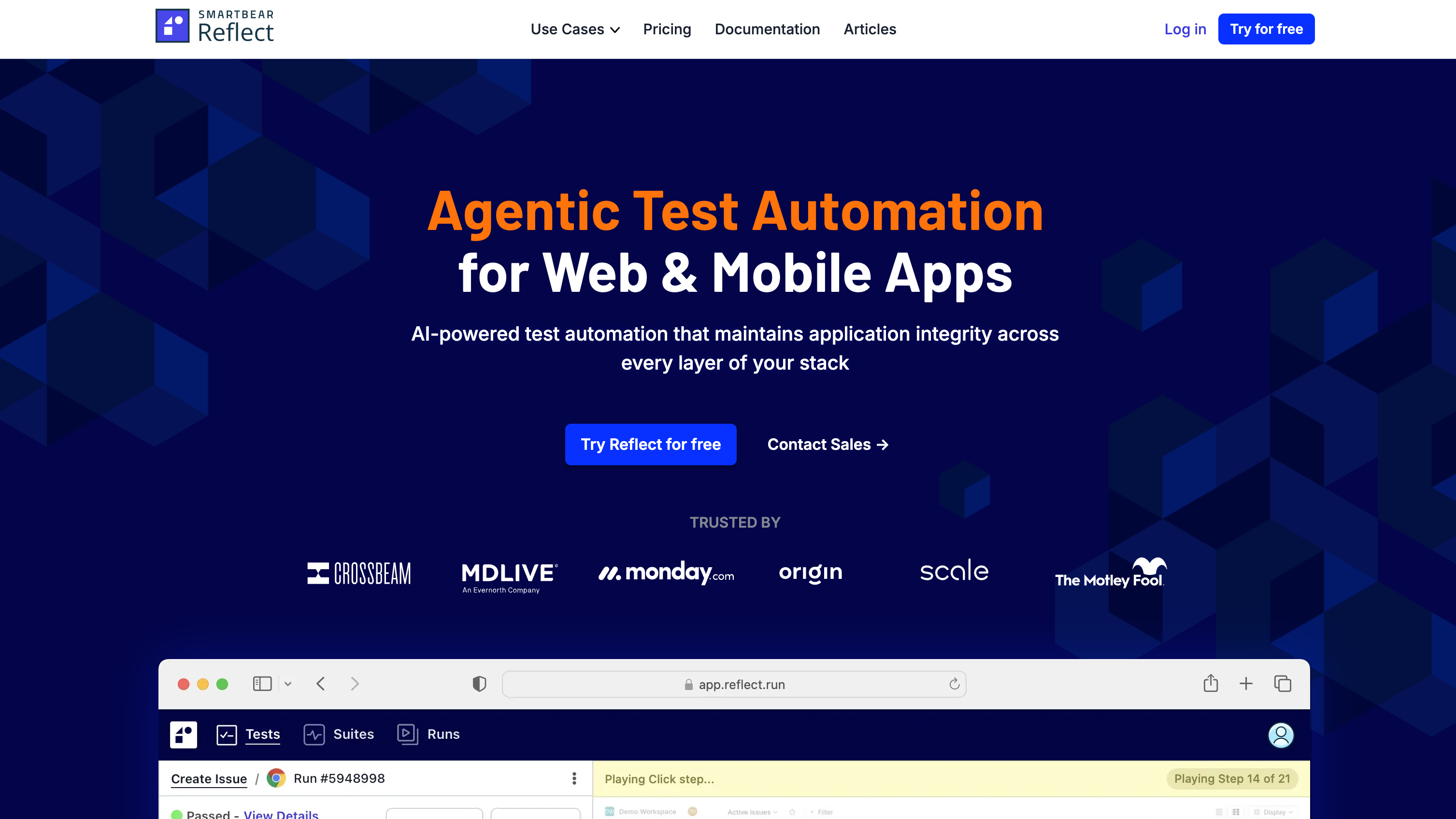Reflect homepage: agentic, no-code test automation you drive by clicking through your app