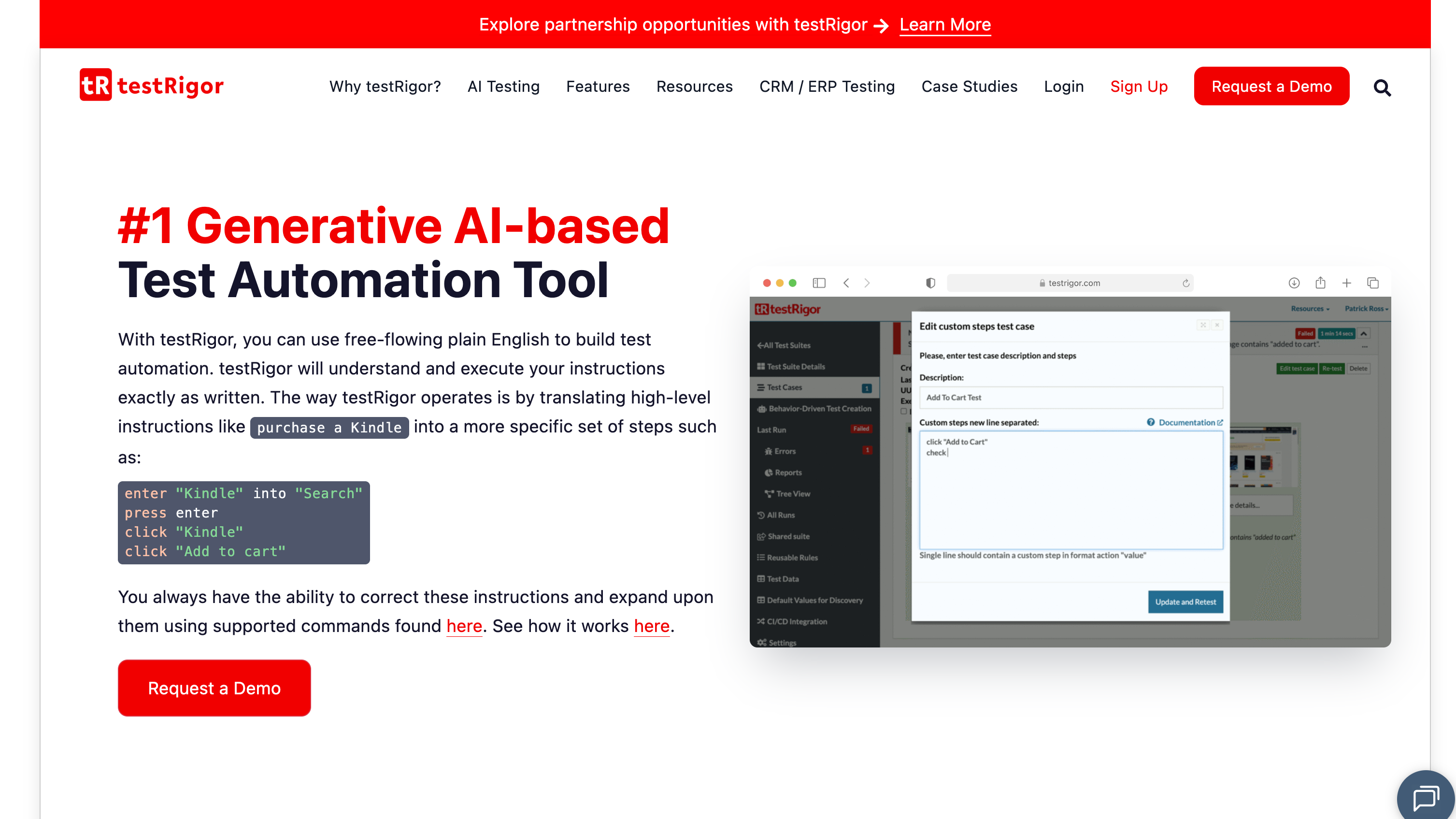 testRigor homepage: a generative AI-based test automation tool that runs plain English tests